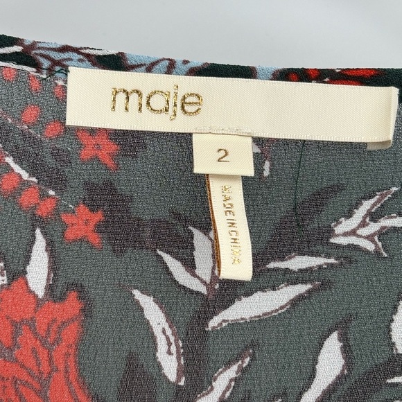 Maje Paris Green Floral Lo Fleur Crepe Georgette Top Sheer Smocked Blouse Large - Picture 4 of 15